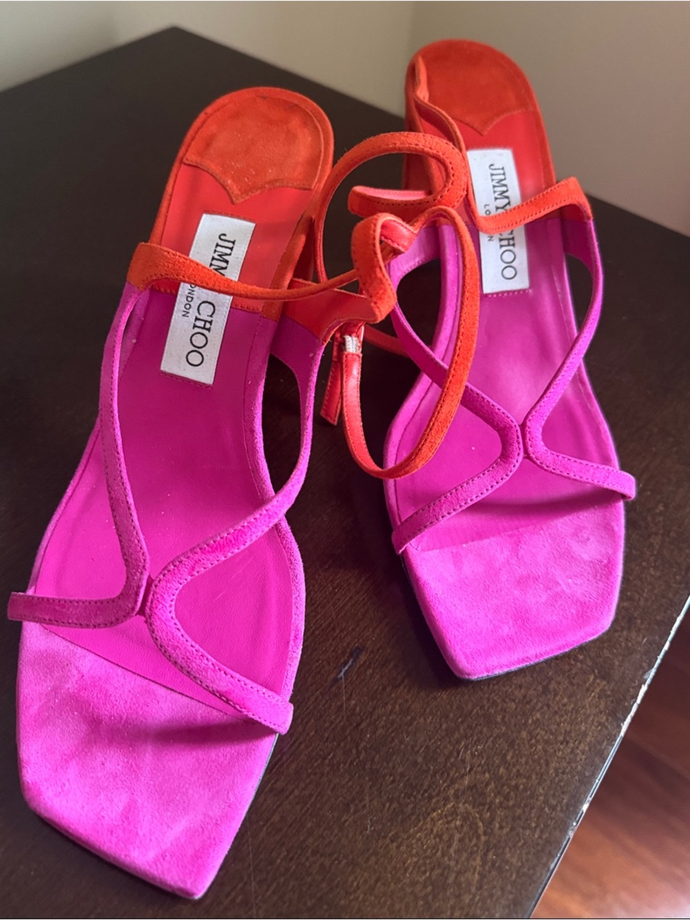 Jimmy Choo Pink & Red Suede Strappy Block Heel Sandals - Picture 3 of 3